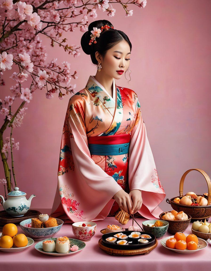 A whimsical fusion of fashion and culinary delights featuring a chic Asian-inspired outfit adorned with vibrant patterns, surrounded by a colorful array of traditional Asian dishes like sushi, dim sum, and ornate pastries. Incorporate elements of nature, such as cherry blossoms or bamboo, to enhance the scene. The background is a soft, pastel gradient to evoke a sense of harmony between fashion and food. super-realistic. vibrant colors.